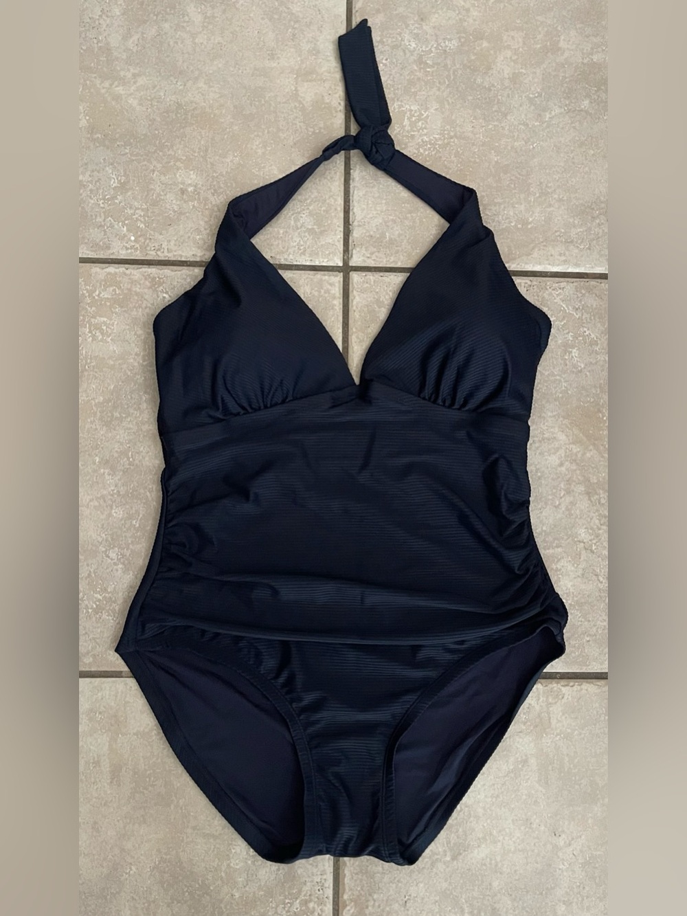 NWOT Tommy Hilfiger Navy Blue Ruched Halter One Piece Swimsuit, Size 16